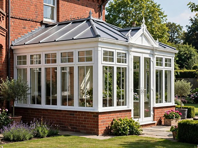 Illustration: a white conservatory with a brick dwarf wall on a red-brick house