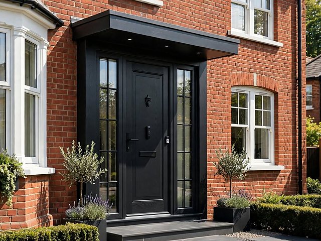 Illustration: a black composite front door with glazed side panels and a flat canopy on a red-brick house