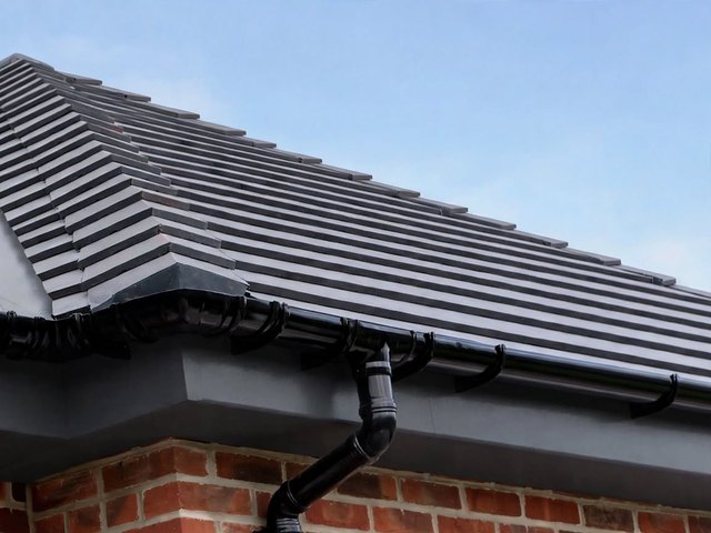 Illustration: grey fascia and soffit with black guttering and a downpipe on a brick house