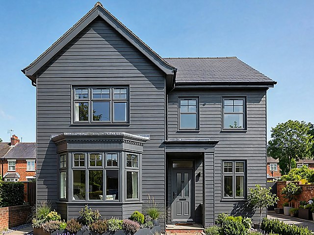 Illustration: a detached house clad in dark grey weatherboard, with grey windows
