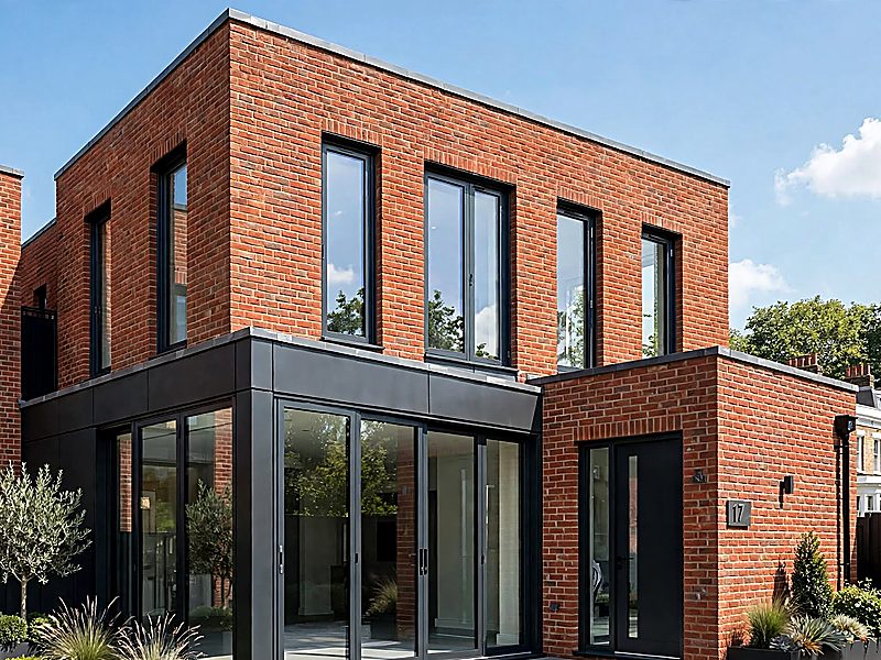 Illustration: a red-brick house with slim dark grey aluminium windows and sliding glass doors