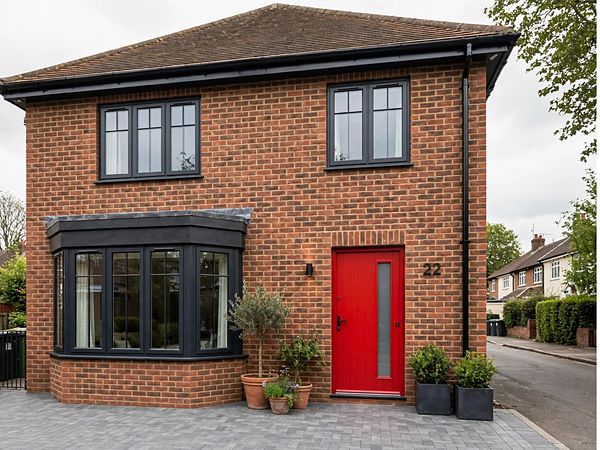 Illustration: the same house with anthracite aluminium windows and a red composite front door