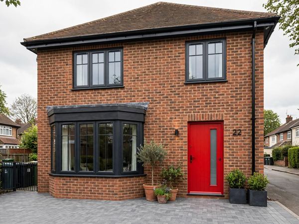 The same home after: anthracite window frames, a red front door, repainted roofline and a new block-paved drive